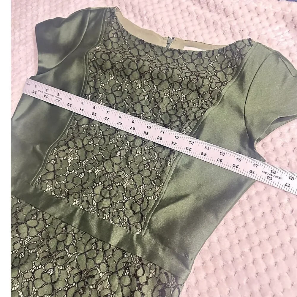 Tory Burch Mariana Sheath Dress Women's 6 Green Wool Silk Satin Lace Accent